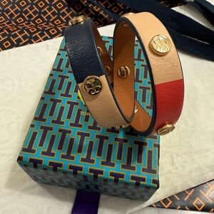 🌟Tory Burch Navy, Red, Cream and Pink Leather bracelet with Gold Accents